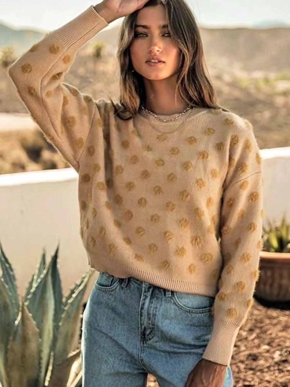 Bohme Polka Dot Crewneck Wool Blend Relaxed Fit Sweater in Yellow Size Small